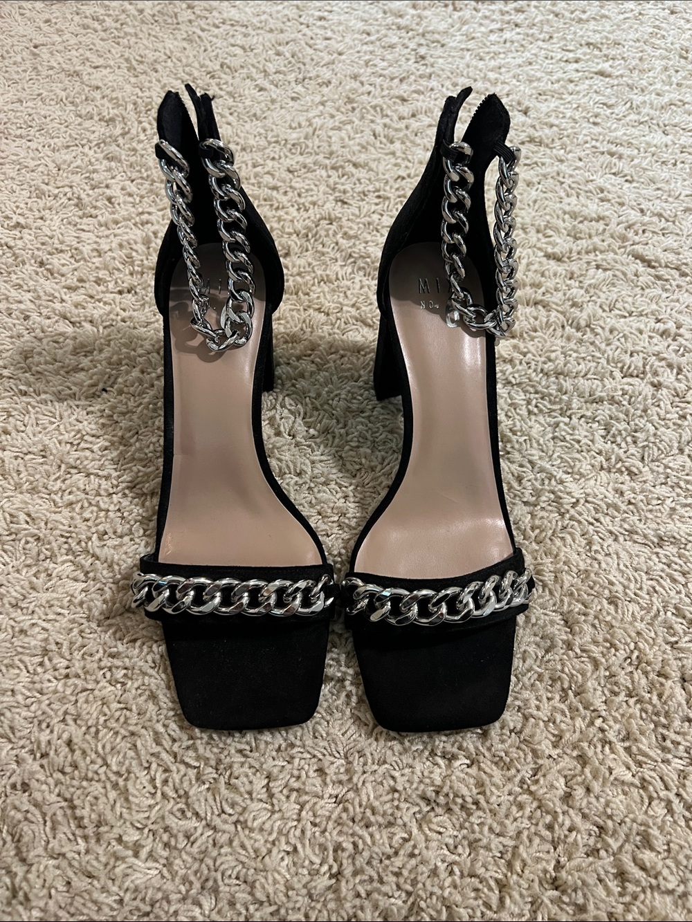 Mix No. 6 Black Block Heel Sandals with Silver Chain
